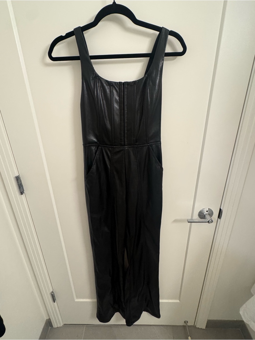 Alice & Olivia Black Vegan Leather Jumpsuit - Women's Sleek Wide-Leg - Picture 7 of 11